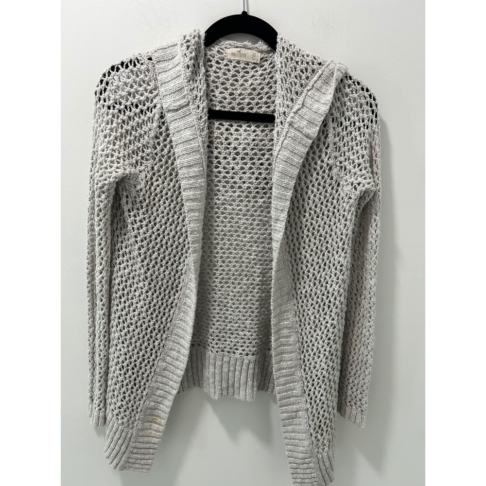 Hollister Womens XS Gray Open Knit Hooded Cardigan Sweater Boho Crochet Marl